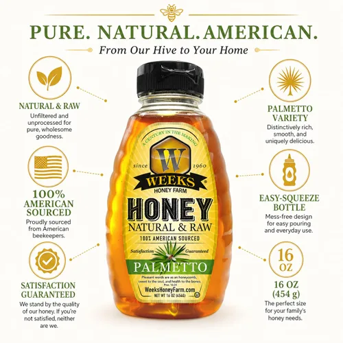 Miniatura 2 de Weeks Honey Farm Palmetto Honey – 16oz Squeeze Bottle 100% Raw & Unfiltered Pure Honey Natural Superfood Rich in Vitamins, Minerals &