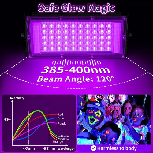 Miniatura 3 de Luces negras de 50 W con interruptor+enchufe, impermeable IP66, luz LED de inundación de luz negra para fiesta brillante, Halloween, dormitorio