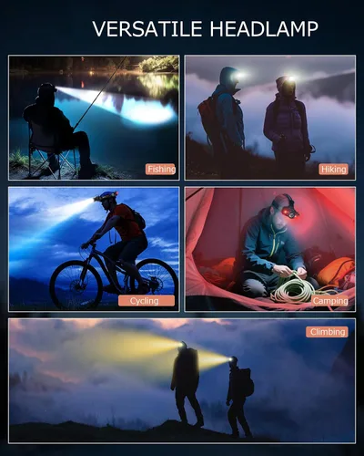 Miniatura 8 de Linterna frontal recargable con zoom y luz lateral roja, 4000LM con sensor de movimiento, luces de 3 colores, IP65, impermeable, 90°, ajustable