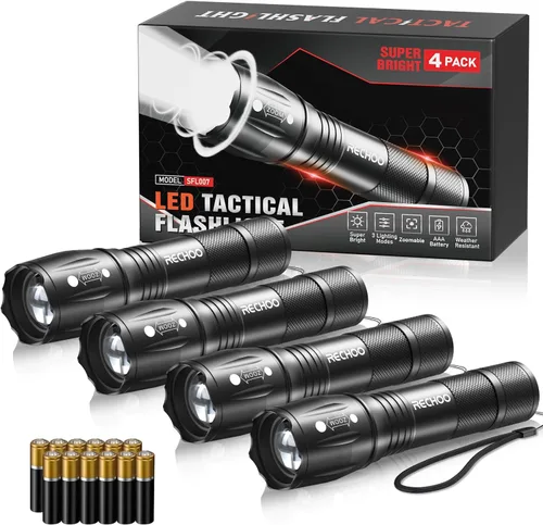 RECHOO Paquete de 4 linternas LED, linternas pequeñas brillantes de alto lúmenes con 3 modos, mini linterna de bolsillo alimentada por batería, foco