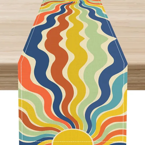 Camino de mesa retro Groovy, vintage, hippie, Funky de los años 70 y 60, abstracto, naranja, sol, estético, ondulado, moderno, granja, hogar,