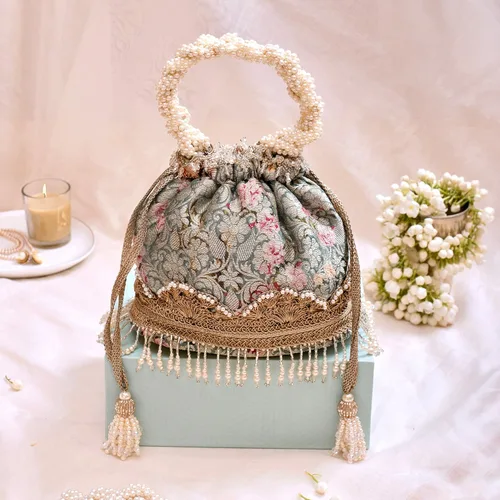 Miniatura 2 de Elora Capsule Bridal Clutch - Gris Azul, bolso de mano floral, bolso para fiesta de noche, bolsas festivas Diwali, Gris azulado