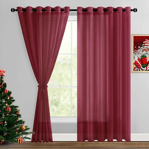 Miniatura 12 de Hiasan - Cortinas traslúcidas de gasa cortas semitransparentes con ojales y alzapaños filtrantes de luz para ventana, dormitorio, baño, 2 paneles