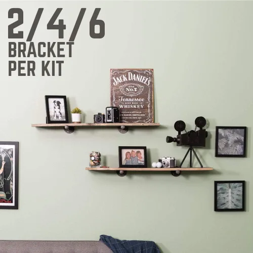 Miniatura 5 de Rustic Pipe Decor Soporte para estante industrial, juego de cuatro accesorios de hierro negro, bridas y tuberías para estantes flotantes