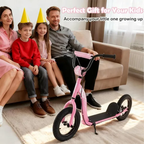 Miniatura 8 de GYMAX Patinete, Patinete de Empuje para Adultos, Adolescentes, Niños con Manubrio Ajustable, Ruedas Inflables de 12 Pulgadas, Freno de Pinza Rosa