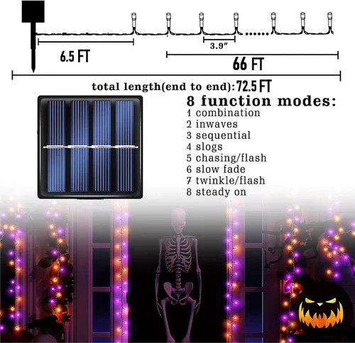 Miniatura 2 de TW SHINE Paquete de 2 luces solares de Halloween para exteriores, total de 400 luces LED de 132 pies alimentadas por energía solar para exteriores