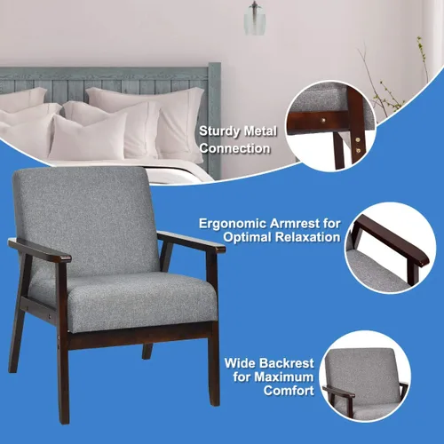 Miniatura 3 de Giantex Juego de 2 sillas decorativas modernas de mediados de siglo, sillón de tela retro, hecho de madera maciza, sillón tapizado de lino para sala