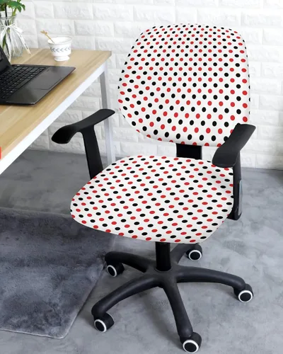 Miniatura 3 de Funda para silla de oficina, diseño de lunares, patrón geométrico, rojo y negro, protector y elástico, universal giratorio, 2 piezas para silla