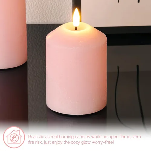 Miniatura 5 de Juego de 3 velas de pilar sin llama color rosa con control remoto, velas LED de cera real que funcionan
