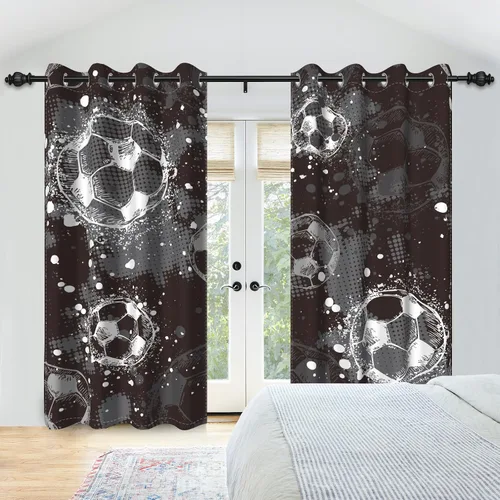 Miniatura 5 de Cortinas opacas de fútbol para dormitorio de niños, con temática deportiva, para sala de fútbol, cortinas de fútbol en blanco y negro