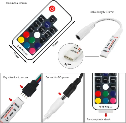 Miniatura 2 de VIPMOON Controlador LED remoto inalámbrico RF de 17 teclas, DC 5V/12V/24V Mini controlador RGB de 4 pines para 5050 3528 5630 luces de tira LED