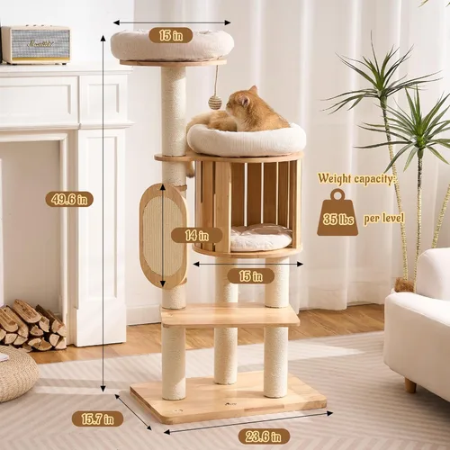 Miniatura 6 de Árbol Moderno de Madera Maciza para Gatos Adultos Grandes de Interior, Torre para Gatos de 50 Pulgadas de Alto con Postes Rascadores de Sisal, 50.0