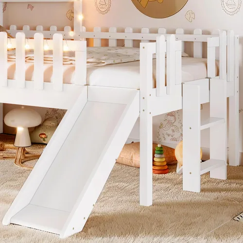 Miniatura 18 de Marco de cama de tamaño matrimonial para niños con escaleras, bonito techo y ventana en forma de estrella para niños y niñas, cama de plataforma