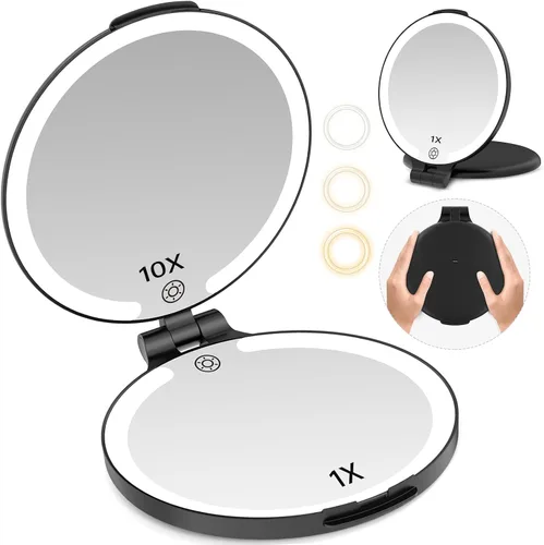 FUNTOUCH Espejo de viaje con luz, espejo de maquillaje recargable 1X/10X con aumento, 7 pulgadas, doble cara, 3 modos de iluminación de color para