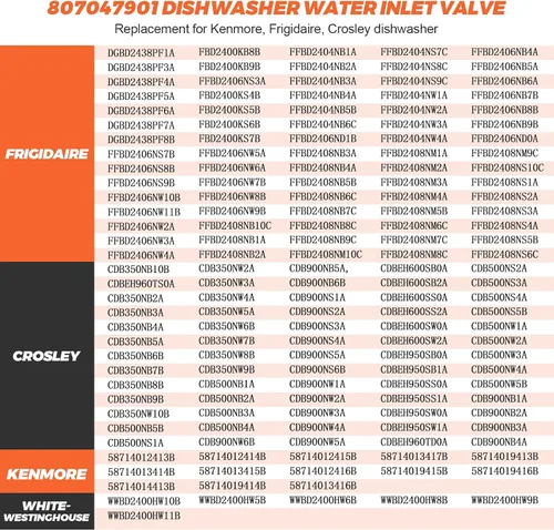 Miniatura 7 de 807047901 Válvula de entrada de agua para lavavajillas Frigidaire Crosley Kenmore ffcd2413us2a fgbd2438pb9b lfid2426tf0a - Reemplaza 33199020