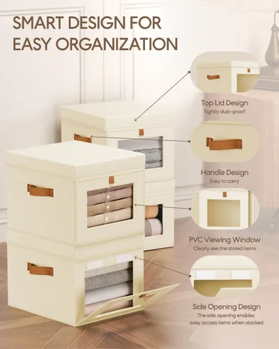 Miniatura 2 de Homsorout Contenedores de almacenamiento con tapa, organizador de armario con apertura lateral y ventana transparente, cesta plegable de tela Beige
