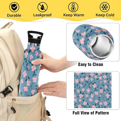 Miniatura 4 de Small Pink Flowers Navy Blue Background Lightweight Gym Water Bottle with Straw Double-Wall Vacuum Insulation for Sport Gym Outdoor Travel School