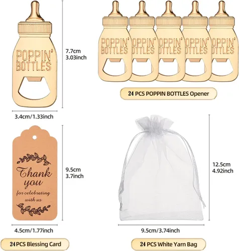 Miniatura 3 de 24 piezas de regalos de baby shower para invitados, diseño Poppin, abrebiberones, regalos de devolución o recuerdos con etiquetas de regalo y bolsas