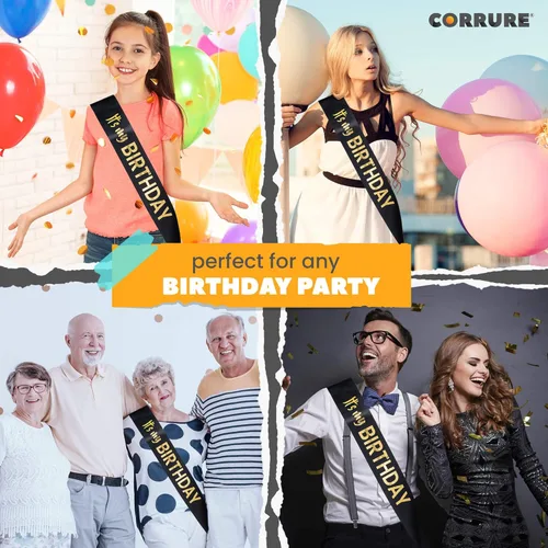 Miniatura 2 de CORRURE Banda «It's My Birthday» con lámina dorada, banda de cumpleaños negra satinada suave para mujeres, suministros de fiesta y decoraciones