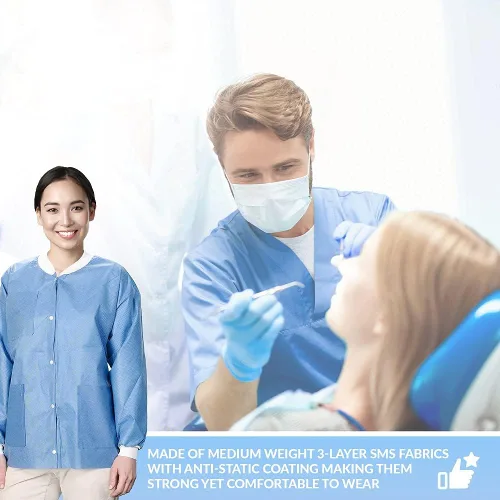 Miniatura 15 de Paquete de 10 chaquetas desechables de laboratorio, chaqueta médica reutilizable hasta la cadera, unisex, con puños de punto y bolsillos