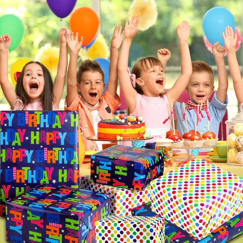Miniatura 6 de woric Papel de regalo reversible de cumpleaños para niños y niñas, 17 pulgadas x 36 pies, papel de regalo con letras de feliz cumpleaños para azul