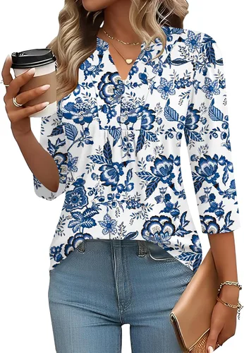 Miniatura 32 de IECCP Blusas de verano de manga 3/4 para mujer, estilo casual, cuello Henley, cuello en V, plisadas, ajuste holgado, blusas de trabajo