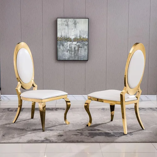 ACEDÉCOR Sillas de comedor blancas y doradas, modernas sillas de piel sintética blanca, magnífica silla ovalada con respaldo de acero inoxidable