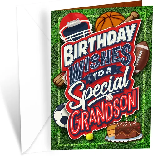 Prime Greetings Tarjeta de cumpleaños para nieto, hecha en Estados Unidos, ecológica, cartulina gruesa con sobre premium de 5 x 7.75 pulgadas,