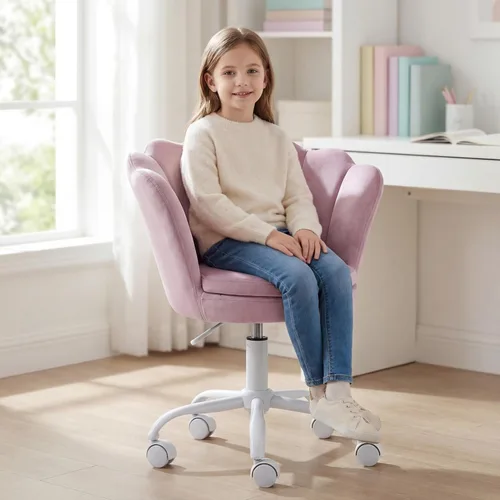 Miniatura 10 de Silla de escritorio de terciopelo para niños, bonita silla de computadora moderna tapizada, con brazo giratorio, silla de tocador ajustable