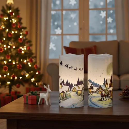 Miniatura 2 de GenSwin Velas de Navidad sin llama con temporizador remoto, juego de 2 velas LED de Navidad que funcionan con pilas con casa de nieve, Papá Noel