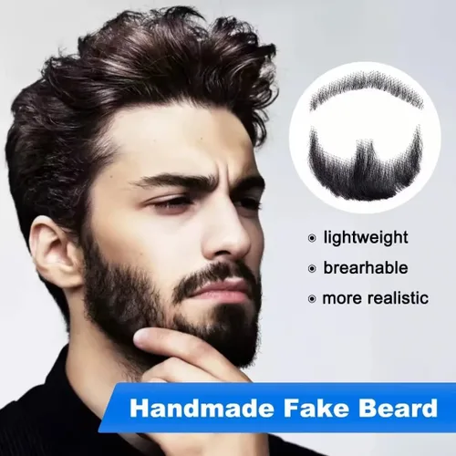Miniatura 3 de Barba falsa de cabello 100 % humano, barba facial negra, cabello humano realista, cabello facial atado a mano, encaje invisible, bigote falso