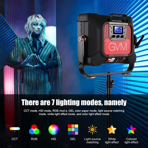 Miniatura 8 de GVM - Panel de luz LED de video de 250 W, iluminación de fotografía con 21000 lux/1.6 ft, luz de video RGB 2700-75000K, CRI97+, gel, HSI, 12