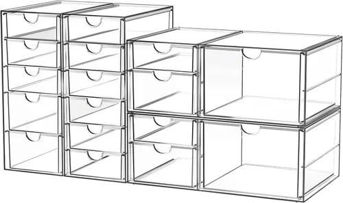 Organizador de maquillaje acrílico con 17 cajones, paquete de 4 organizadores transparentes para mostrador de baño para paletas, cosméticos y