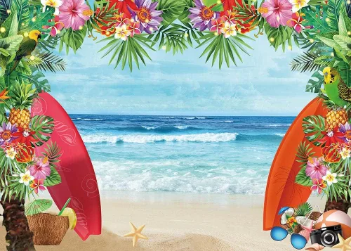 Miniatura 8 de HQM Fondo de fotos con temática de playa tropical de verano, 5 x 3 pies, tela para conchas de playa, Hawaii, flor de mar azul, para niños