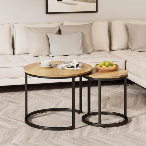 Miniatura 8 de Smuxee - Juego de 2 mesas de café anidadas, mesa redonda de café de 23.6" de madera marrón con pies antideslizantes ajustables, mesa auxiliar