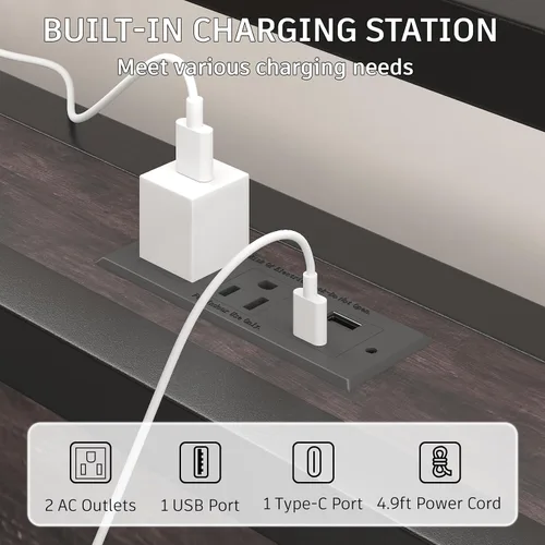 Miniatura 5 de E-Motie Base de cama de tamaño matrimonial con luces LED y estación de carga, cabecera de almacenamiento de madera con estantes de 2 niveles
