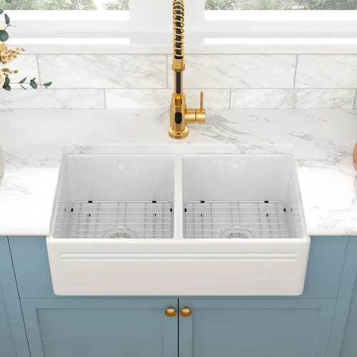 Miniatura 2 de Sarlai Fregadero de cocina de 33 x 18 pulgadas, color blanco, fregadero de cocina de 33 x 18 pulgadas, cuenco doble frontal 50/50 de porcelana