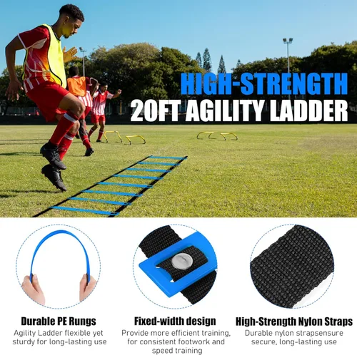 Miniatura 4 de BORNEW Set de Equipo de Entrenamiento de Agilidad y Velocidad, Set de Práctica de Fútbol con escalera de agilidad de 20 pies, 12 conos, 4 obstáculos