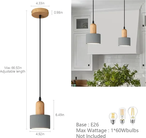 Miniatura 2 de Lámparas colgantes modernas de cemento gris, lámparas de techo de madera para cocina, isla, dormitorio, comedor, sala de estar, bar (paquete de 3)
