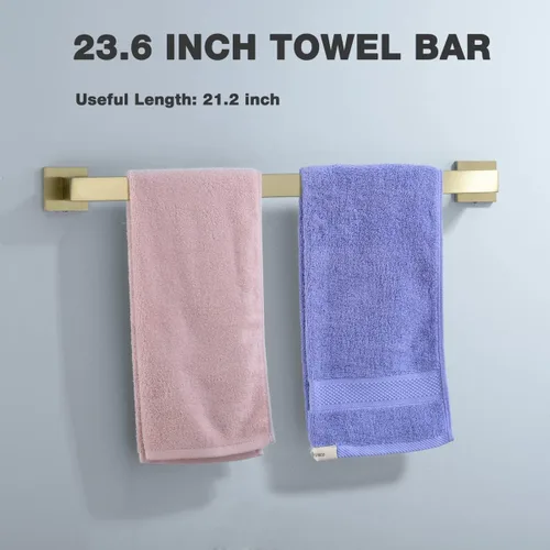 Miniatura 3 de TRUSTMI Juego de accesorios de baño de oro cepillado, juego de 5 piezas de barra de toalla de acero inoxidable de forma cuadrada, 23.6 pulgadas