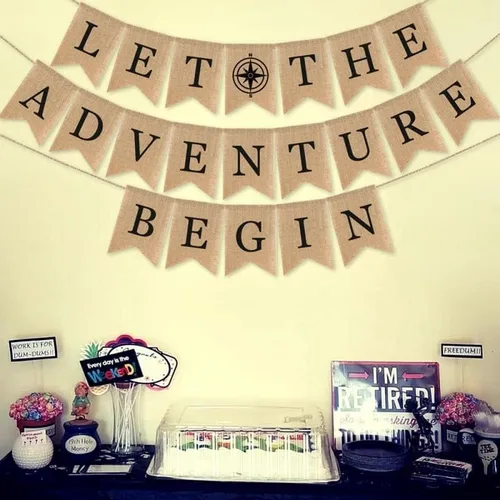 Miniatura 2 de SWYOUN Cartel de arpillera con texto en inglés «Let the Adventure Begin», suministros para fiestas temáticas de viaje, baby shower, graduación