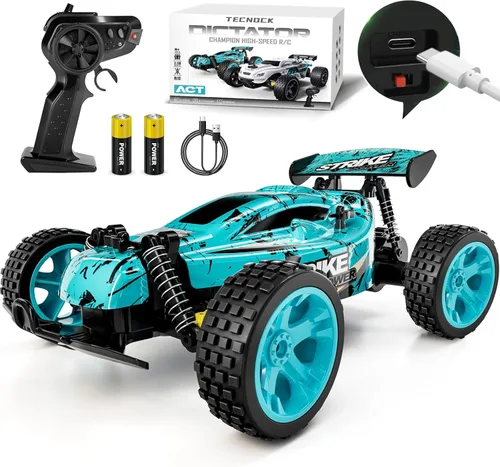Tecnock coches RC para niños, coche de control remoto para niños, 1:18 escala 20 KM/H 2WD buggy todo terreno, coche de carreras RC de 2.4GHz con Azul
