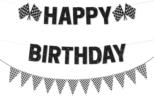 Miniatura 8 de Cartel de cumpleaños de coche de carreras, pancarta de feliz cumpleaños a cuadros, decoraciones de fiesta de autos de carreras, fiesta temática