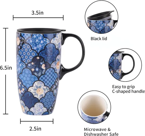 Miniatura 8 de Topadorn Taza de café de cerámica con tapa a prueba de derrames, taza de café para el hogar y la oficina con caja de regalo, color azul