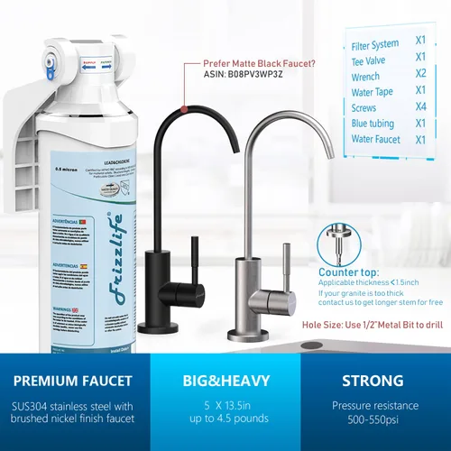 Miniatura 5 de Frizzlife Filtro de agua para debajo del fregadero, sistema de filtración de agua potable certificado NSF/ANSI 53 y 42, 0.5 micras que elimina