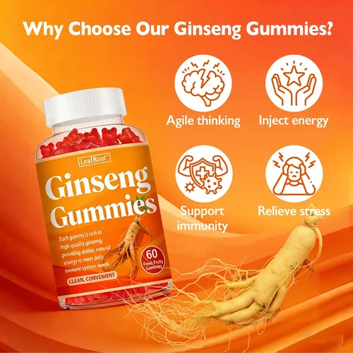 Miniatura 2 de Gomitas de ginseng asiático, raíz de ginseng rojo Panax para hombres y mujeres, energía, memoria e inmunidad, 1500 mg, 60 masticables con sabor a