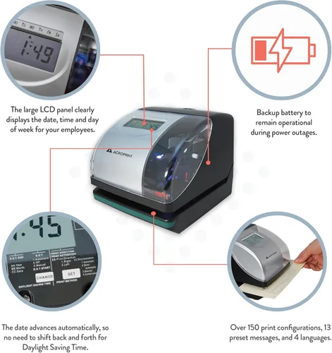 Miniatura 7 de Acroprint Máquina electrónica de reloj de tiempo - Máquina de sellos de tiempo para empleados, ideal para pequeñas empresas, acomoda tarjetas