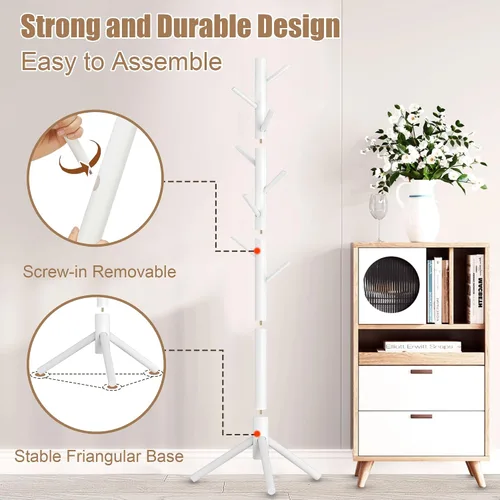 Miniatura 5 de Aliphon Perchero de madera, perchero independiente con 8 ganchos, árbol de abrigos de 3 tamaños ajustables para sombreros, abrigos, bufandas y Blanco
