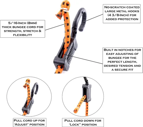 Miniatura 4 de Kotap MABC-18 Cuerdas elásticas ajustables multiusos con ganchos, 18 pulgadas, naranja/negro, 10
