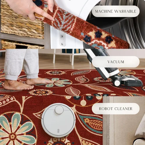 Miniatura 8 de Alfombra antideslizante Maples Rugs Reggie, tapete para pasillo, entrada, con diseño floral (fabricado en Estados Unidos) 2 x 6, color merlot